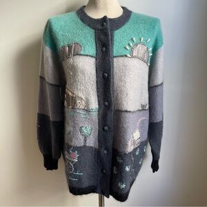 Vintage Cottagecore Wool Mohair Cardigan Sweater Embellished Whimsy Medium